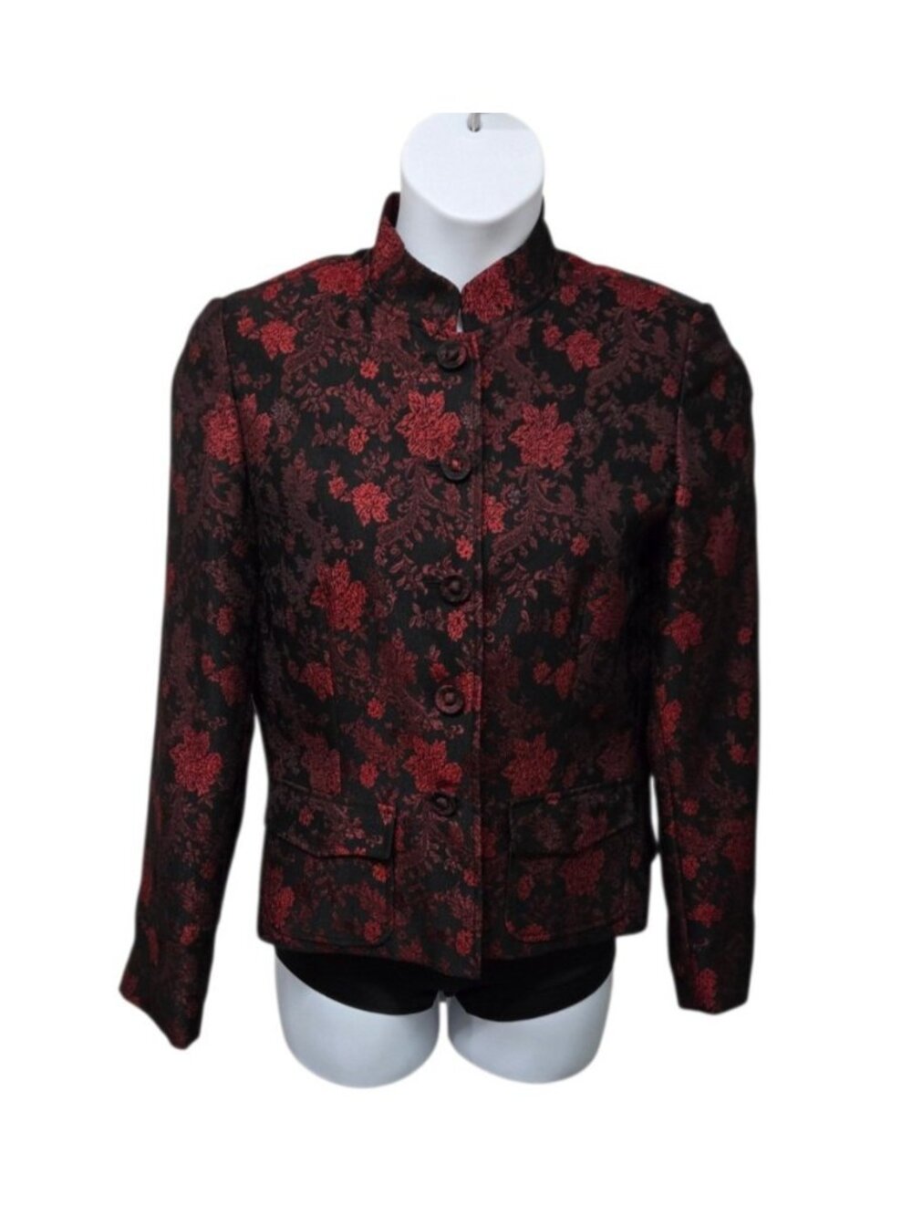 Josephine Chaus Mandarin Collar Jaquard Blazer Size 10 Red Floral Whimsigoth